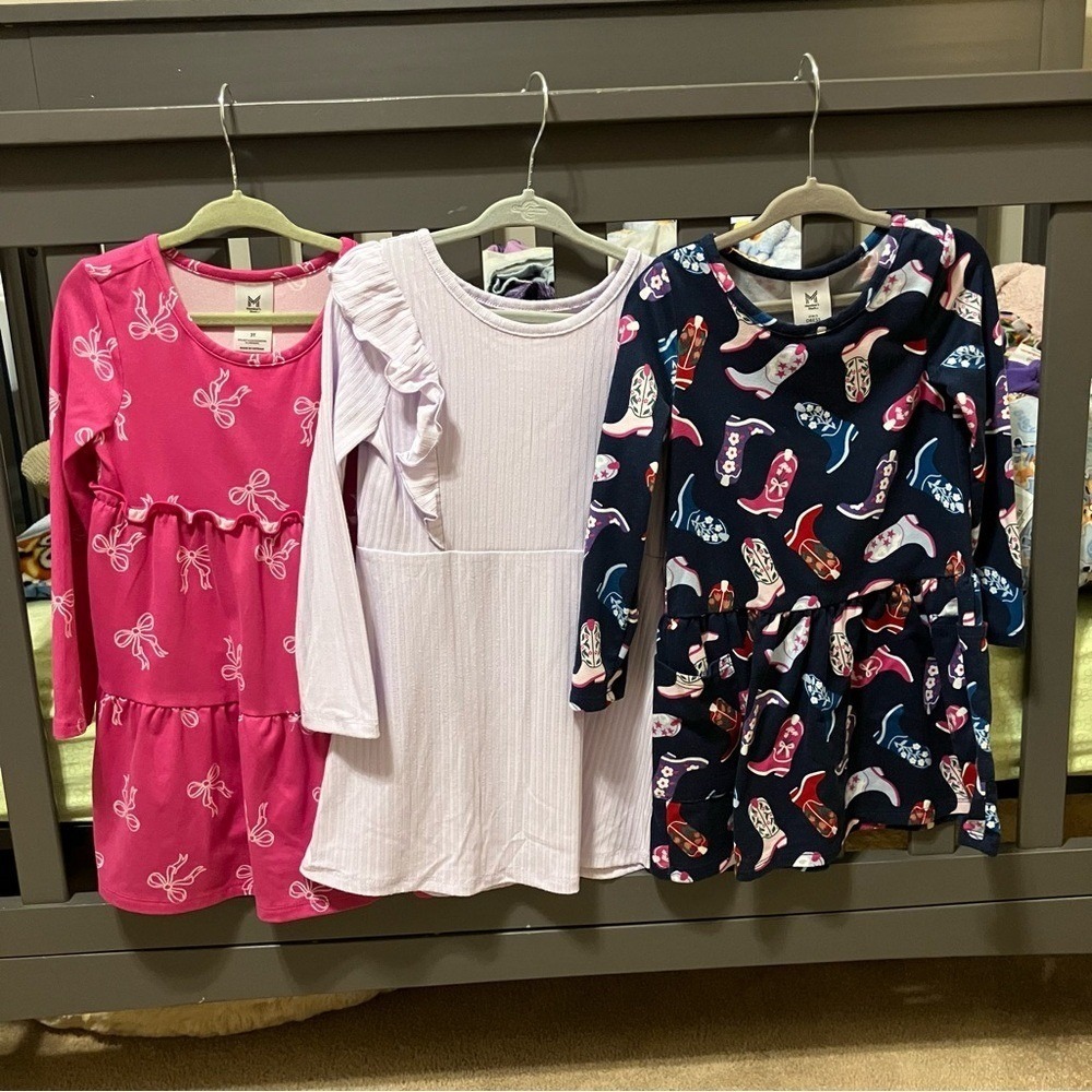 Members Mark Girls 3T Long Sleeve Dress Lot of 3 Pink Navy Lavender Bows Boots